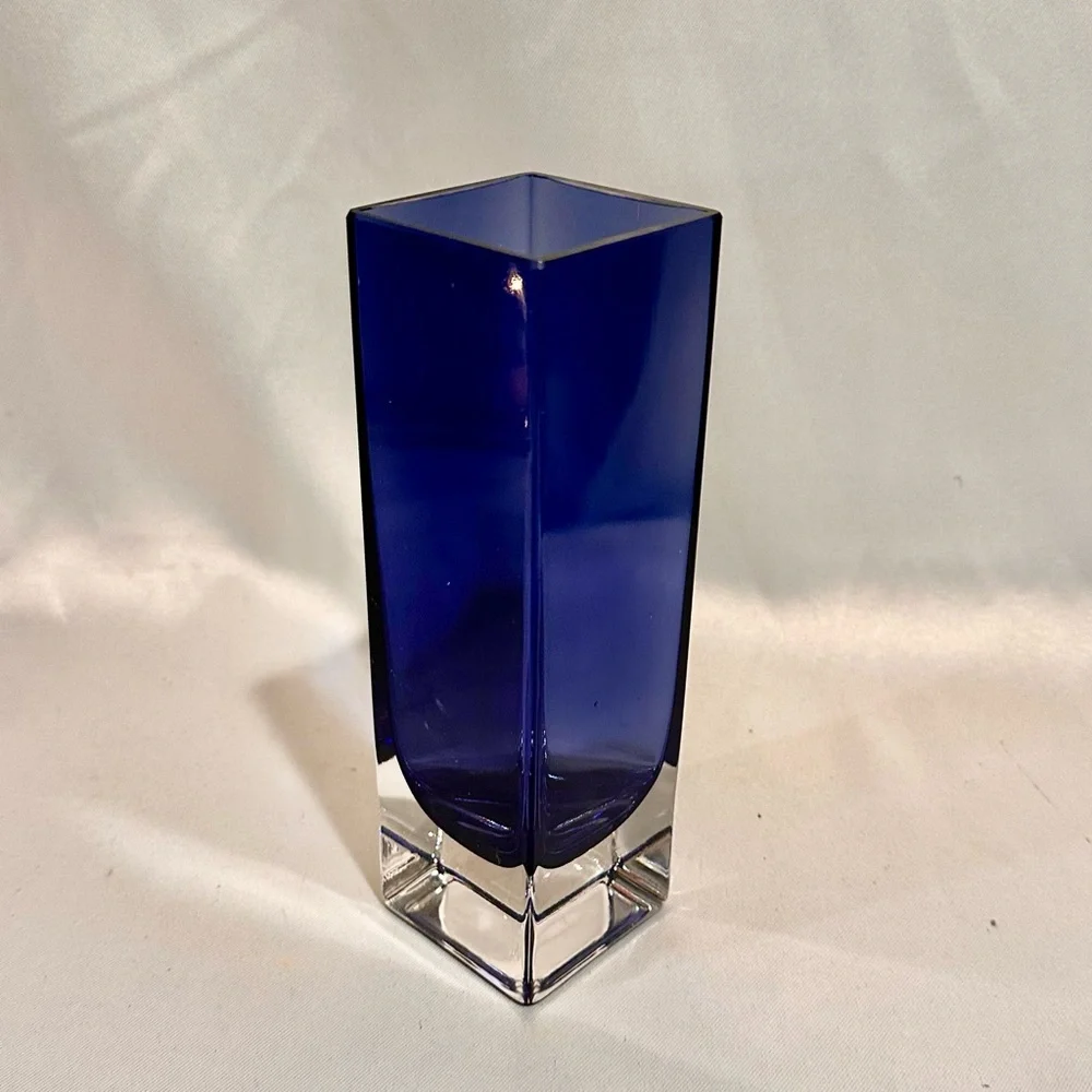 Mid-Century Murano Somerso Style  Sapphire Blue Square Vase